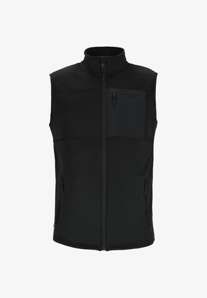 Schwarze Fleece-Weste mit hohem Kragen, Frontreißverschluss, einer Brusttasche und zwei Seitentaschen mit Reißverschluss. Glatte Textur.