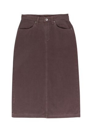 Mörkbrun denim midi kjol med rak skärning, bältesömmar, framfickor och knappstängning. Slät yta med subtila sömnadsdetaljer.