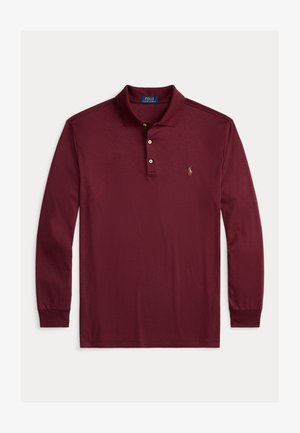 Burgunderfarget langermet polo skjorte laget av bomull, med krage, tre knappåpninger og liten brodert logo på brystet.