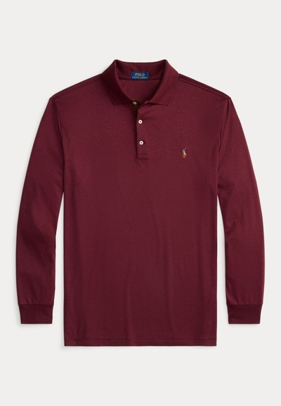Burgundijas krāsas garām piedurknēm polo krekls, izgatavots no kokvilnas, ar apkakli, trīs pogu aizdari un nelielu izšūtu logotipu uz krūtīm.