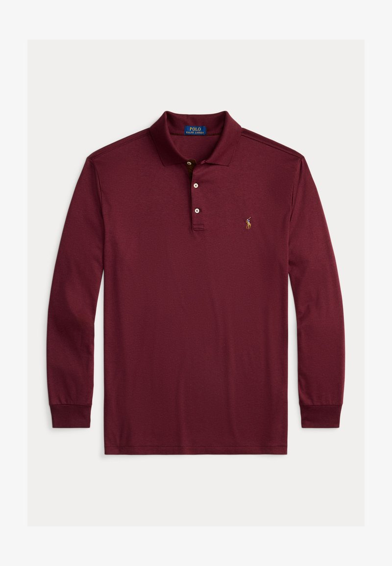Burgundia pikkade varrukatega polo särk, mis on valmistatud puuvillast, sisaldab kraed, kolme nupuga avamist ja väikest broderitud logo rinna peal.
