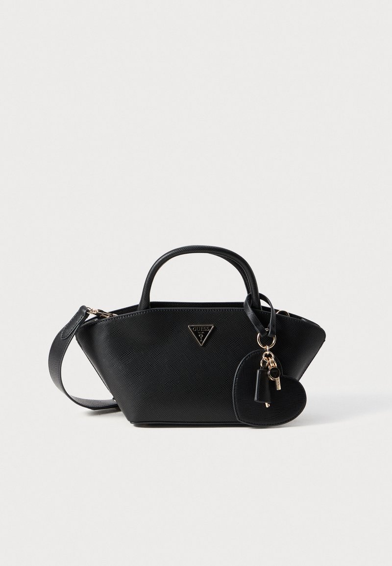 Black handbag made of textured synthetic material, featuring a triangular logo, dual top handles, detachable shoulder strap, and keychain accents.