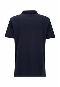 Marineblauw poloshirt met een klassieke kraag, korte mouwen en een zachte textuur, met een eenvoudig ontwerp en afgewerkte randen.