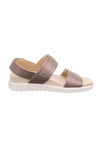 Braune Leder-Sandalen mit zwei Riemen über der Oberseite, einer gepolsterten Innensohle und einer weißen Gummisohle mit einer gewellten Textur.