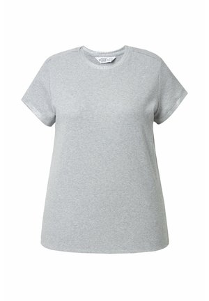 Graues kurzärmeliges T-Shirt aus weichem Stoff. Verfügt über einen runden Halsausschnitt und einen lockeren Schnitt. Die Nähte sind entlang der Ärmel und des Saums sichtbar.