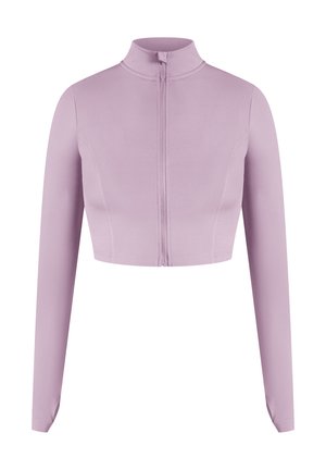 Giacca corta lilla con maniche lunghe, colletto alto e zip frontale. Realizzata in un tessuto liscio ed elasticizzato per il massimo comfort.