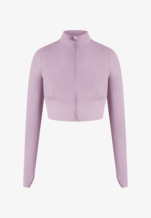 Giacca corta lilla con maniche lunghe, colletto alto e zip frontale. Realizzata in un tessuto liscio ed elasticizzato per il massimo comfort.