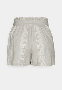 Světlé šedé šortky s texturovaným vzorem. Mají elastický pas se zdobením z volánků a svislé pruhy malých teček.