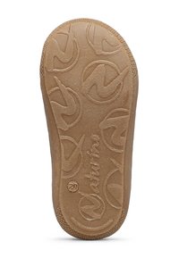 Gumová podrážka v světlé hnědé barvě s kruhovým vzorem a strukturovanými gripovými vzory. Obsahuje logo značky a razítko velikosti.