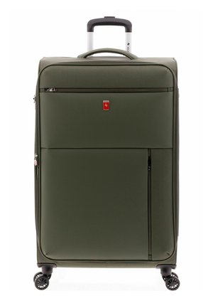 Grande valigia morbida di colore verde oliva con manico telescopico, tasche anteriori con cerniera e quattro ruote spinner multidirezionali.