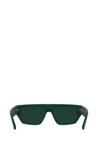 Occhiali da sole rettangolari verdi con lenti piatte, finitura opaca e aste dritte. Presentano piccoli dettagli in metallo vicino alle cerniere.