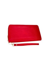Red leather wallet with a zip closure, wrist strap, and subtle logo detail. Smooth texture and rectangular shape, featuring gold hardware accents.