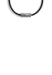 Black braided leather bracelet featuring a silver-tone metal clasp with textured detailing. The design is simple and sleek.
