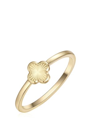 Anello d'oro con una fascia sottile caratterizzata da un motivo piatto a forma di quadrifoglio a quattro petali con linee incise che si irradiano al centro.