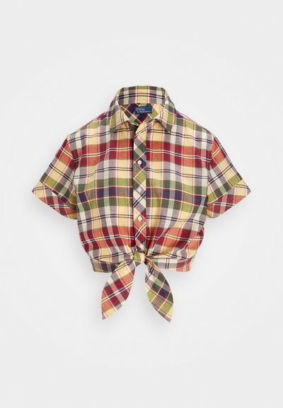 Gekürztes Karoshirt mit einem Button-Down-Kragen. Verfügt über rote, gelbe, grüne und blaue Quadrate sowie einen vorderen Knoten am Saum. Baumwollstoff.