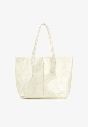 Metallic beige tote bag with two shoulder straps, an open top, and stitched detailing. Smooth texture with a subtle sheen.
