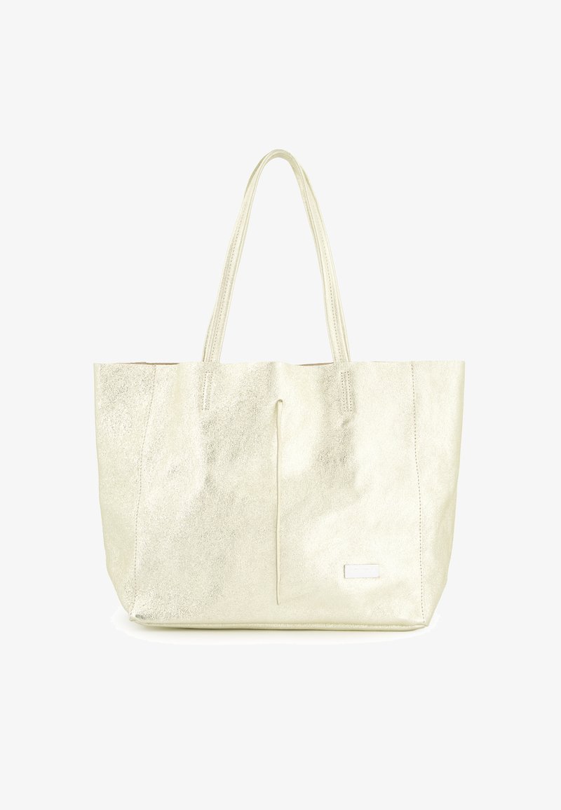 Metallic beige tote bag with two shoulder straps, an open top, and stitched detailing. Smooth texture with a subtle sheen.