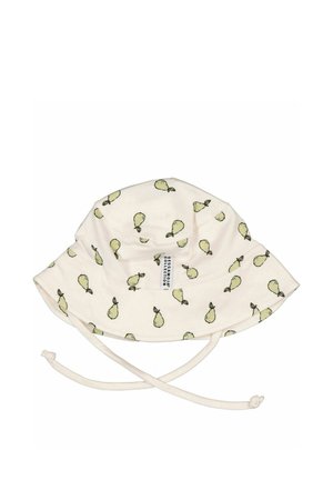 Cremefarvet bucket hat med grønne pæreprints og justerbare hakestropper, med en lille rektangulær mærkeetiket foran.