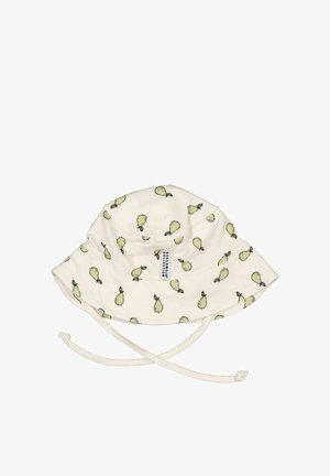 Cremefarvet bucket hat med grønne pæreprints og justerbare hakestropper, med en lille rektangulær mærkeetiket foran.