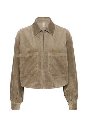 Bruine corduroy cropped jas met een kraag, voorzichtsluiting en twee grote opgestikte zakken. HeeftGathered mouwen.