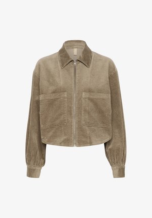 Bruine corduroy cropped jas met een kraag, voorzichtsluiting en twee grote opgestikte zakken. HeeftGathered mouwen.