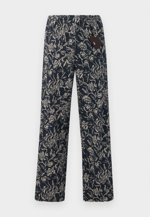 Navyblaue Blumenmuster-Hosen mit elastischem Bund, lose Passform und strukturiertem Stoff. Inklusive angebrahtes Etikett am Bund.