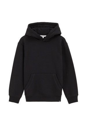 Sweat à capuche noir en tissu doux. Il dispose d'une poche avant, de manches côtelées et d'un design simple sans motifs ni accents.