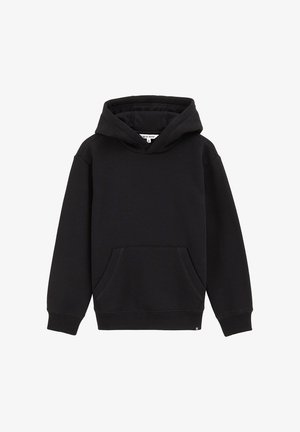 Felpa nera con cappuccio realizzata in tessuto morbido. Presenta una tasca frontale, polsi rib, e un design semplice senza pattern o dettagli.