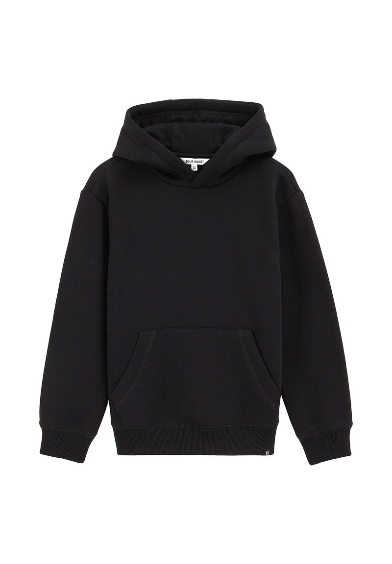 Sweat à capuche noir en tissu doux. Il dispose d'une poche avant, de manches côtelées et d'un design simple sans motifs ni accents.