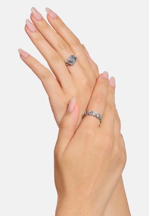 Two hands with manicured nails wearing silver rose-themed rings against a plain white background.