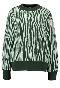 Grüner Pullover mit strukturiertem Design und hellgrünen Holzmaserungen. Rippenkragen und -bündchen; weiches Strickmaterial.