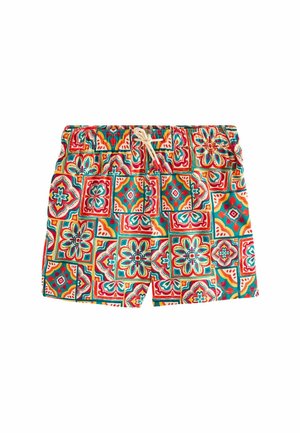 Men’s swim shorts with multicolor floral and geometric tile patterns and a white drawstring waistband.