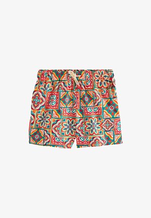 Șort de înot pentru bărbați cu modele florale multicolore și geometrice și talie cu șnur alb.