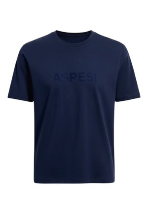 T-shirt blu navy a maniche corte con scollo tondo e testo in rilievo sottile "ASPESI" sul petto.