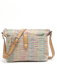 Multifarvet vævet crossbody taske med en tan justerbar rem, lynlåslomme og en knaplukning. Har horisontale striber i pastelfarver.