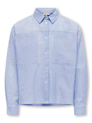 Camisa de manga larga con rayas verticales azules y blancas, con botones, cuello y dos bolsillos delanteros.