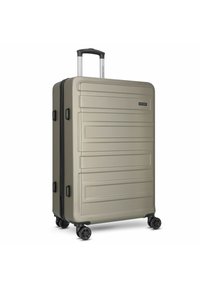 Hardcase koffer in lichtbeige met een gestructureerd oppervlak, verticale groeven, een uitschuifbare handgreep en vier zwarte wielen voor mobiliteit.