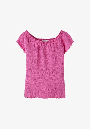 Różowy krótki rękaw, marszczony teksturowany top z szerokim zaokrąglonym dekoltem, zaprojektowany dla dopasowanego i elastycznego wyglądu.