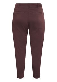 Burgundy trousers with a slim fit, featuring a smooth texture, two back pockets, and a mid-rise waistband. Tapered leg design.