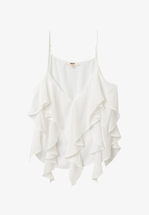 Top bianco senza maniche con multiple balze a strati, design a V, e sottili spalline regolabili, realizzato in tessuto leggero.