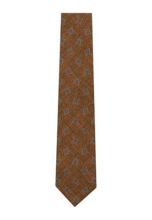 Corbata marrón con un patrón repetitivo de pequeños diamantes oscuros delineados en color claro.
