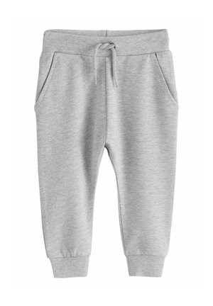 Lysegrå joggingbukser til småbørn med elastisk linning, snøre, sidelommer og ribbede manchetter ved anklerne.