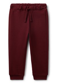Bordeaux joggings gemaakt van zachte stof, met een elastische tailleband met een trekkoord en taps toelopende boorden bij de enkels.
