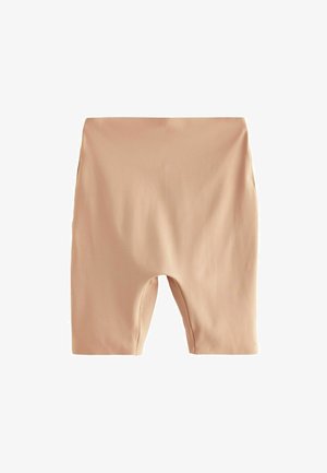 Șorturi în nuanță de piersică, cu talie înaltă, fabricate dintr-un material neted și elastic. Au un design ajustat, până la genunchi, cu un finisaj fără cusături.