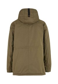 Olive green, hooded jacket with a relaxed fit, a black accent strap on the hood, and horizontal stitching details on the back.