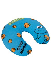 Cuscino blu a forma di U con grafica di Cookie Monster e biscotti, con una consistenza morbida e testo "COOKIE MONSTER" in nero.