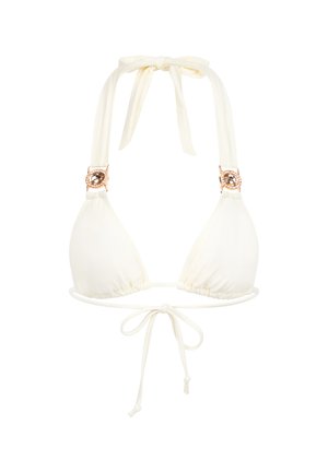 Weißer Bikini-Oberteil mit dreieckigen Cups, weichem Stoff, verstellbaren Nacken- und Rückenschnüren sowie goldfarbenen Beschlägen mit kreisförmigem Akzent.