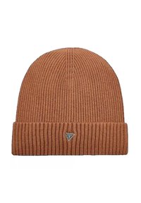 Gorro de punto acanalado marrón con un dobladillo y una pequeña etiqueta de metal en la parte delantera. Textura suave y diseño ajustado para mayor calidez.