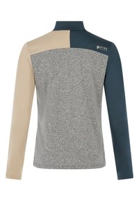 Langsleeve polo met een hoge kraag, voorzien van een grijze textuur aan de voorkant, beige en donkergroene accentmouwen, en een klein logo op de achterkant.