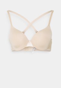 Beige gewatteerde bh met een gladde afwerking, voorzien van gekruiste banden, beugelsupport en een haak-en-oogsluiting aan de achterkant.